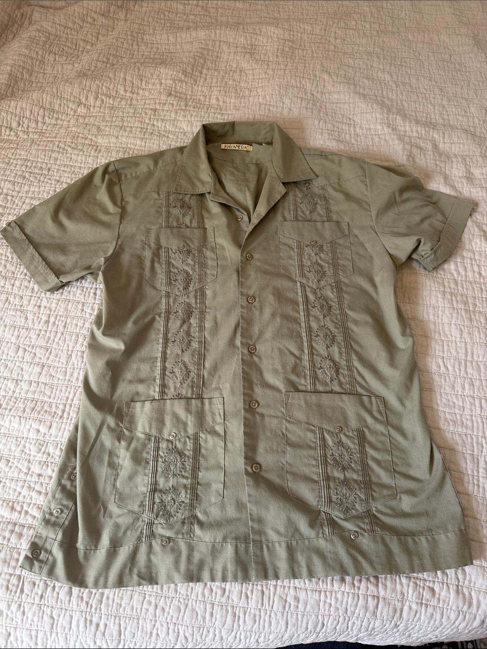 Guayabera-Style Short Sleeve Shirt in Olive Green